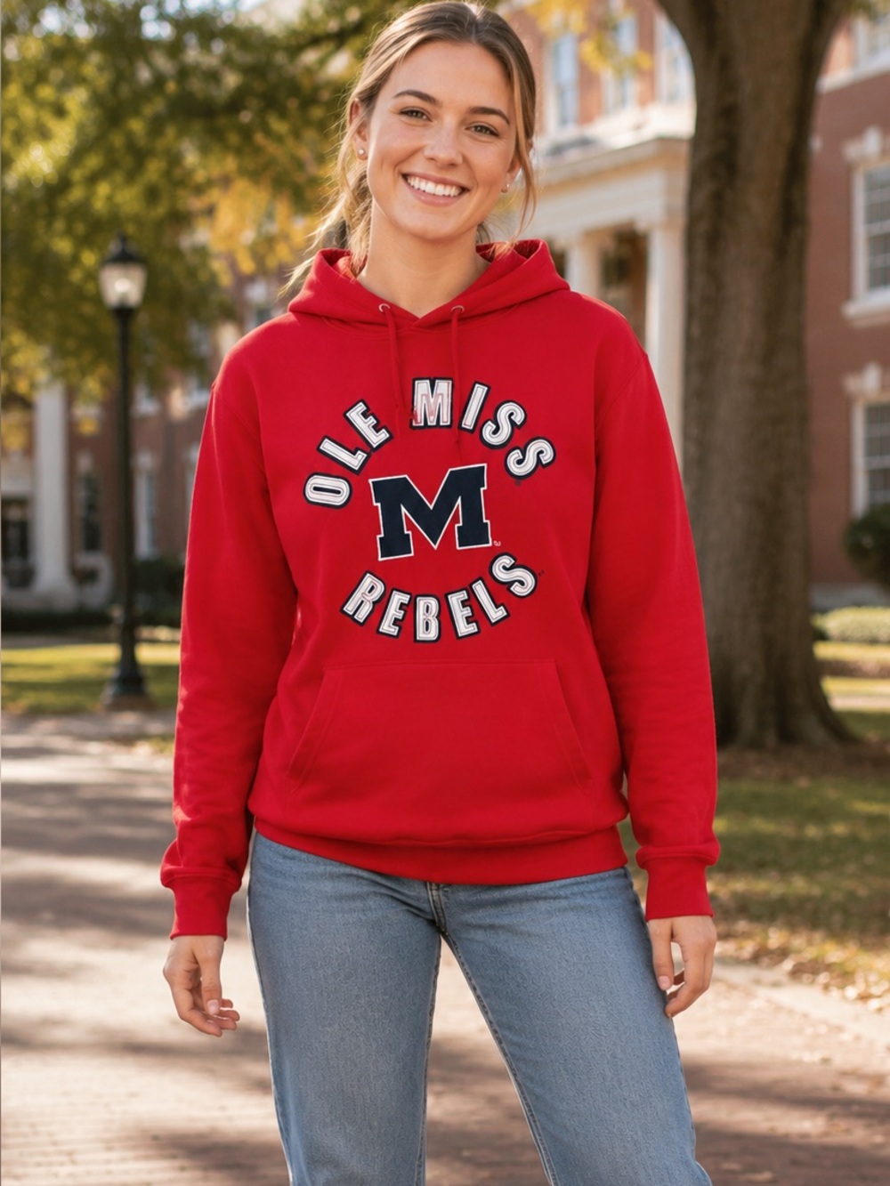 Ole Miss Rebels Red Appliqué Pullover Hoodie NCAA College Sweatshirt